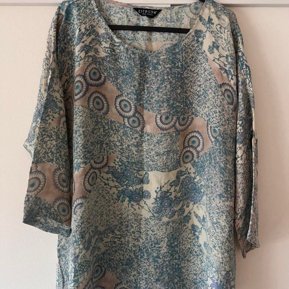 Citron Santa Monica Silk 3/4 Sleeve Boatneck Tunic Asian Waves Floral Size L